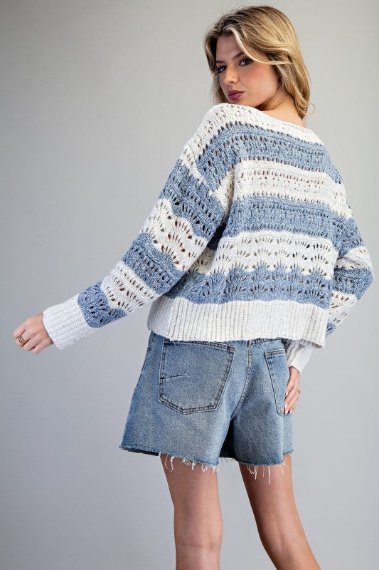 Long Sleeve Striped Crochet Sweater