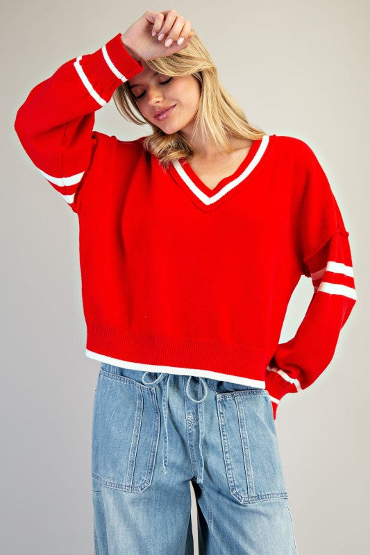 V-Neck Striped Long Sleeve Sweater