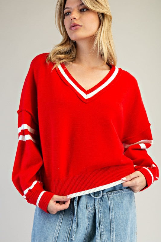 V-Neck Striped Long Sleeve Sweater