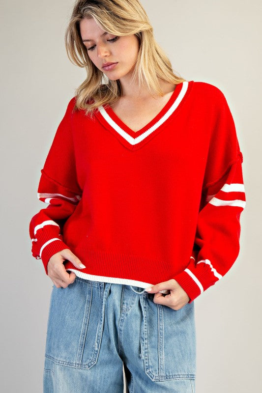 V-Neck Striped Long Sleeve Sweater