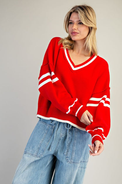 V-Neck Striped Long Sleeve Sweater