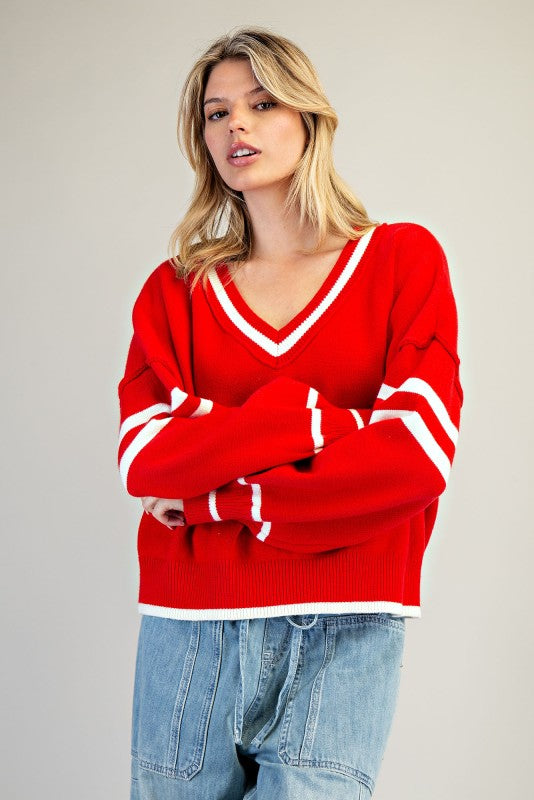 V-Neck Striped Long Sleeve Sweater