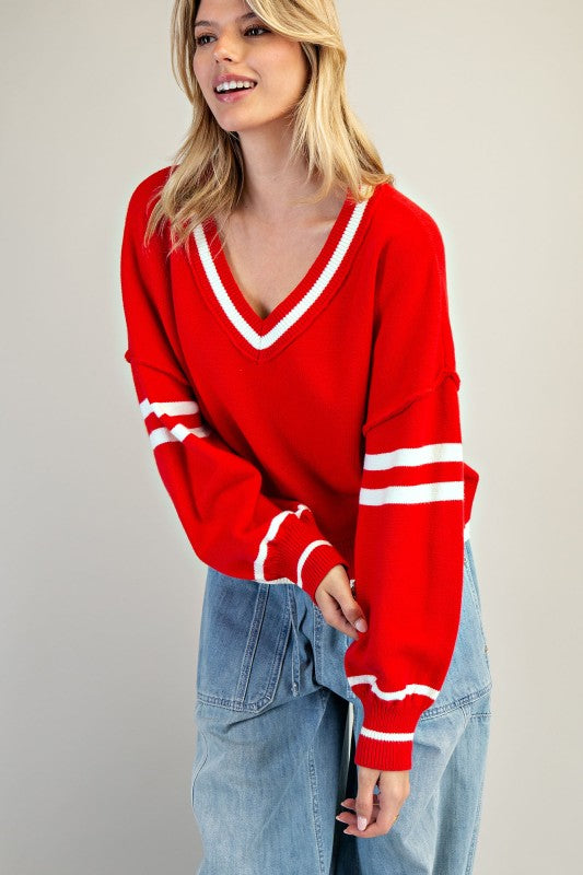 V-Neck Striped Long Sleeve Sweater