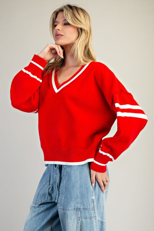 V-Neck Striped Long Sleeve Sweater