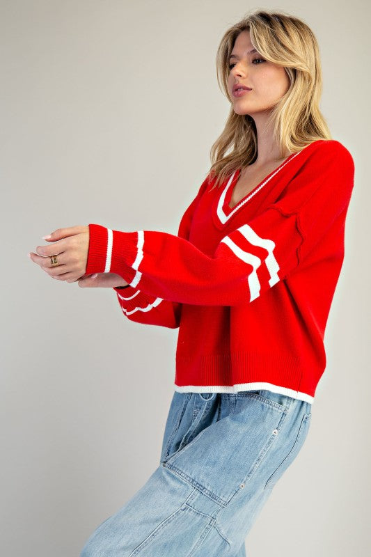 V-Neck Striped Long Sleeve Sweater