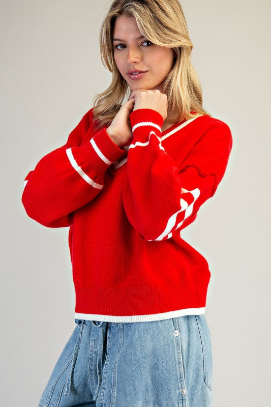 V-Neck Striped Long Sleeve Sweater