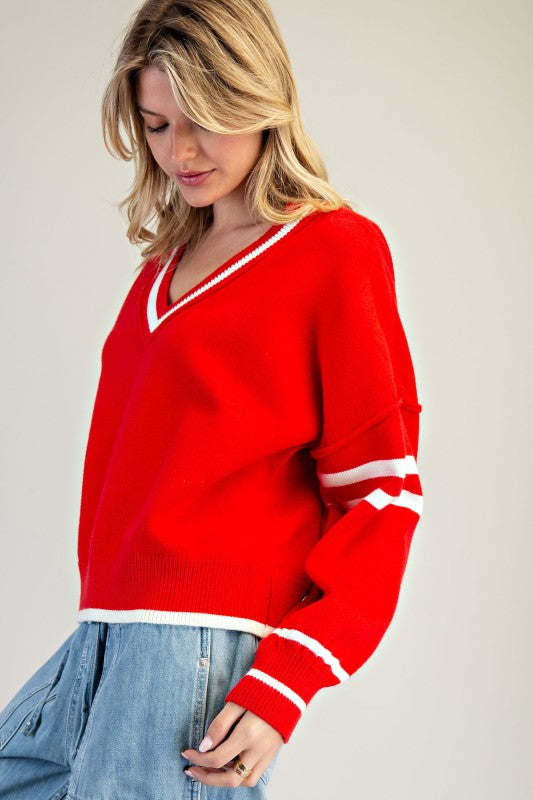 V-Neck Striped Long Sleeve Sweater