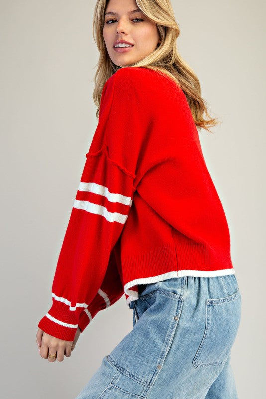 V-Neck Striped Long Sleeve Sweater