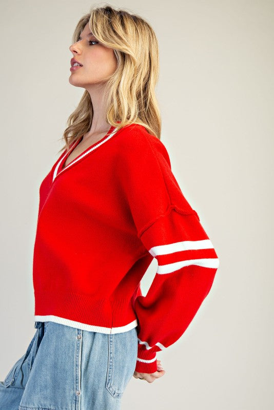 V-Neck Striped Long Sleeve Sweater