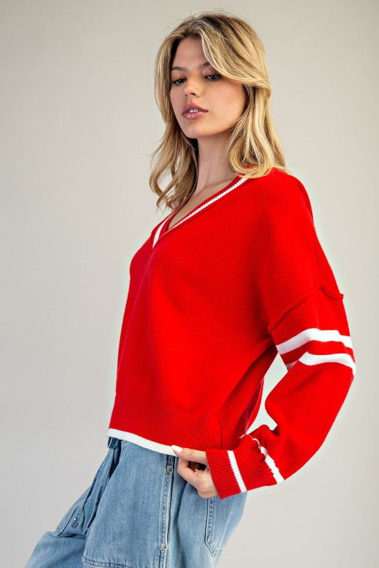 V-Neck Striped Long Sleeve Sweater