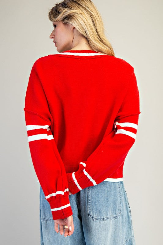 V-Neck Striped Long Sleeve Sweater