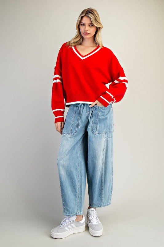 V-Neck Striped Long Sleeve Sweater