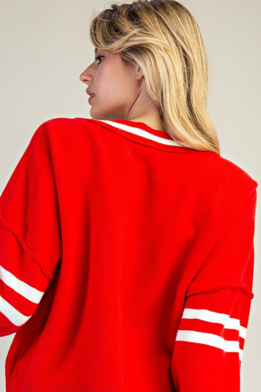 V-Neck Striped Long Sleeve Sweater