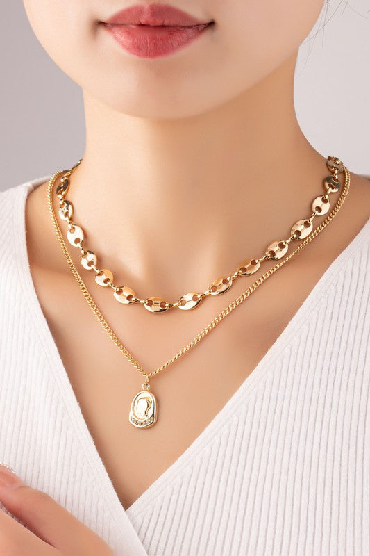 Two Layer Chunky Link Chain with Portrait Pendant