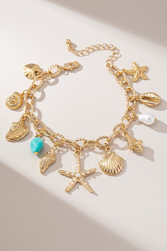 Coastal Charm Bracelet with Shells and Starfish