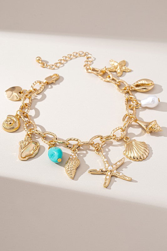 Coastal Charm Bracelet with Shells and Starfish