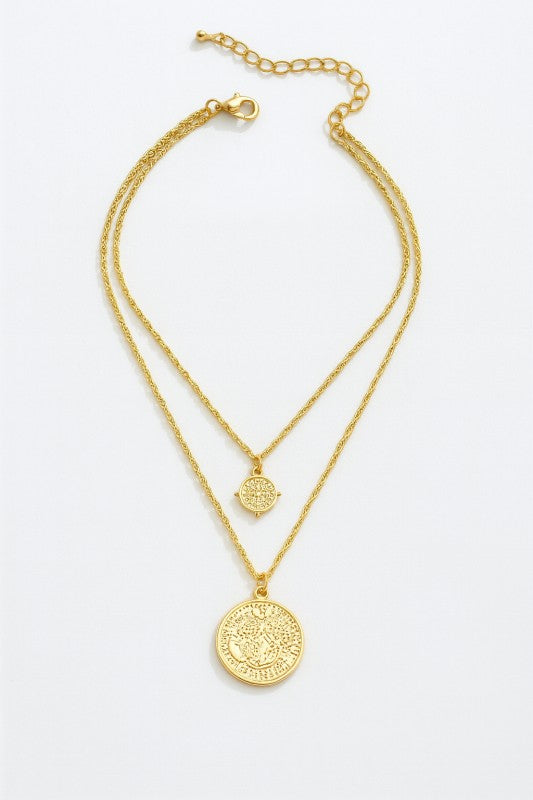 Double Layer Rope Chain Coin Pendant Necklace