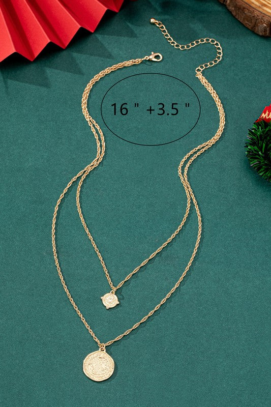Double Layer Rope Chain Coin Pendant Necklace