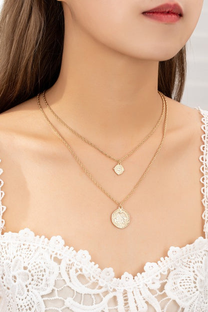 Double Layer Rope Chain Coin Pendant Necklace