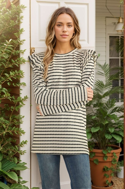 Long Sleeve Ruffle Shoulder Jacquard Stripe Top