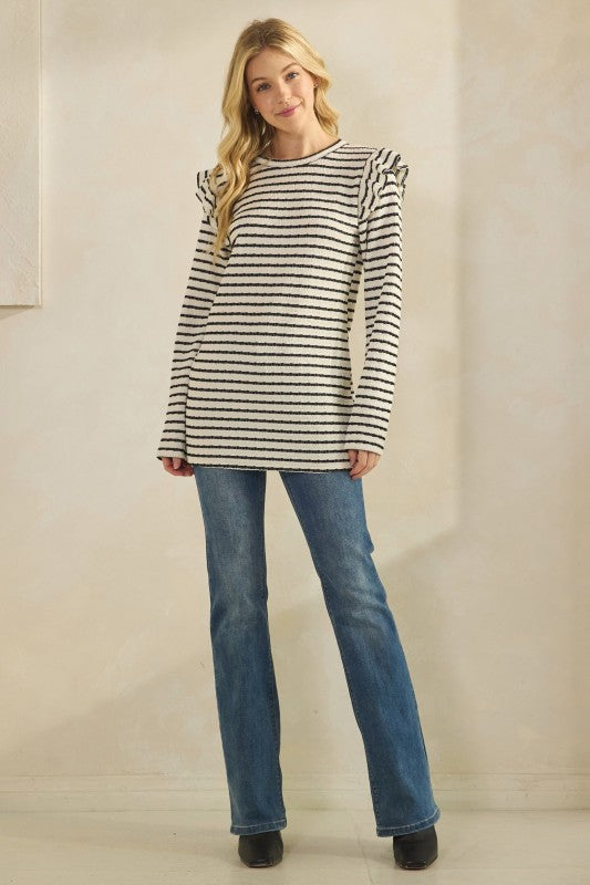 Long Sleeve Ruffle Shoulder Jacquard Stripe Top
