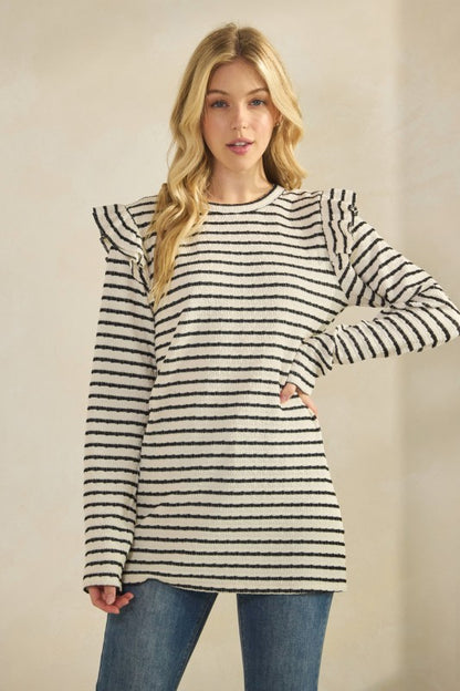 Long Sleeve Ruffle Shoulder Jacquard Stripe Top