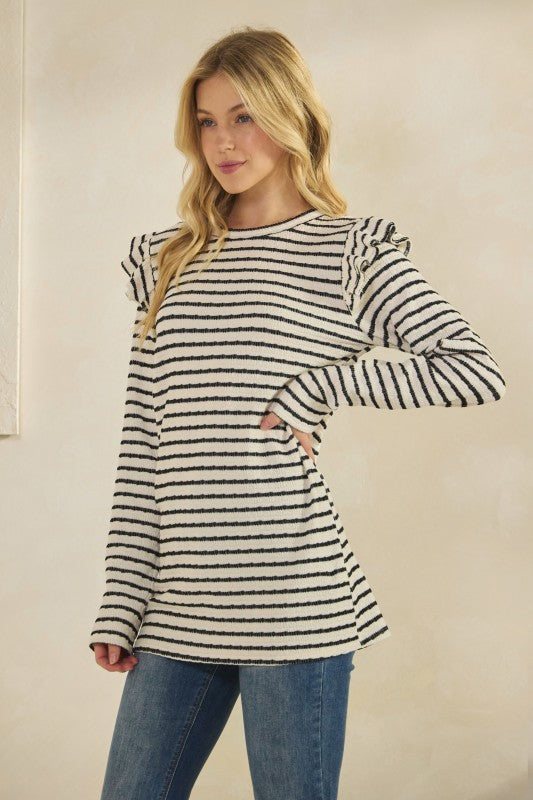 Long Sleeve Ruffle Shoulder Jacquard Stripe Top