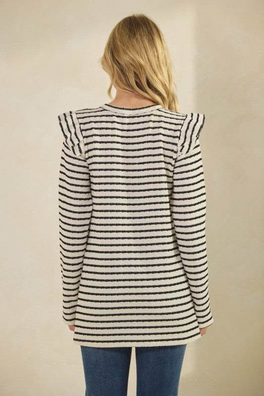Long Sleeve Ruffle Shoulder Jacquard Stripe Top