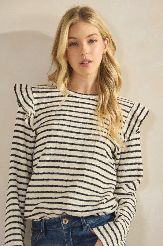 Long Sleeve Ruffle Shoulder Jacquard Stripe Top