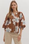 Brown Floral V-Neck Top with 3/4 length Puff Sleeves