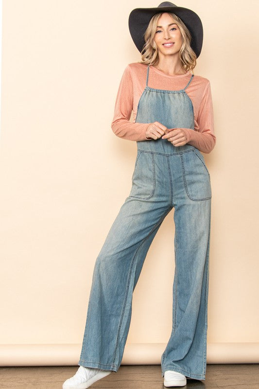 Vintage Washed Denim Wide Leg Overall Jumpsuit
