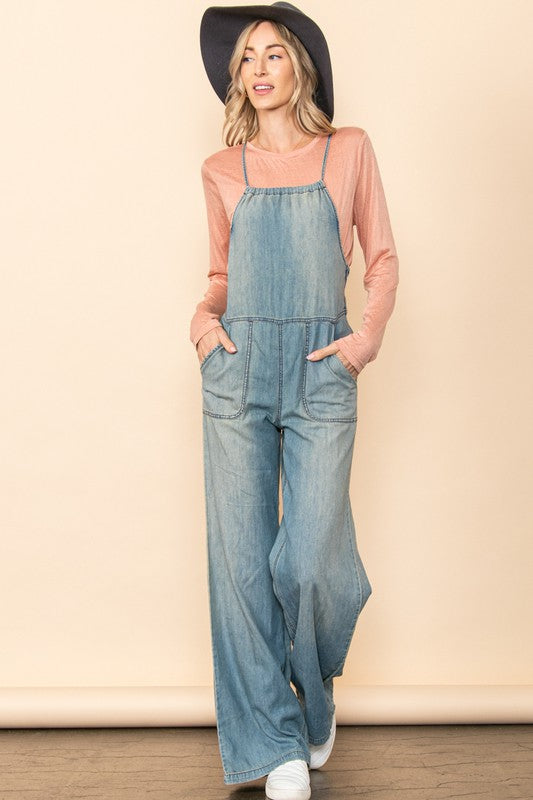 Vintage Washed Denim Wide Leg Overall Jumpsuit