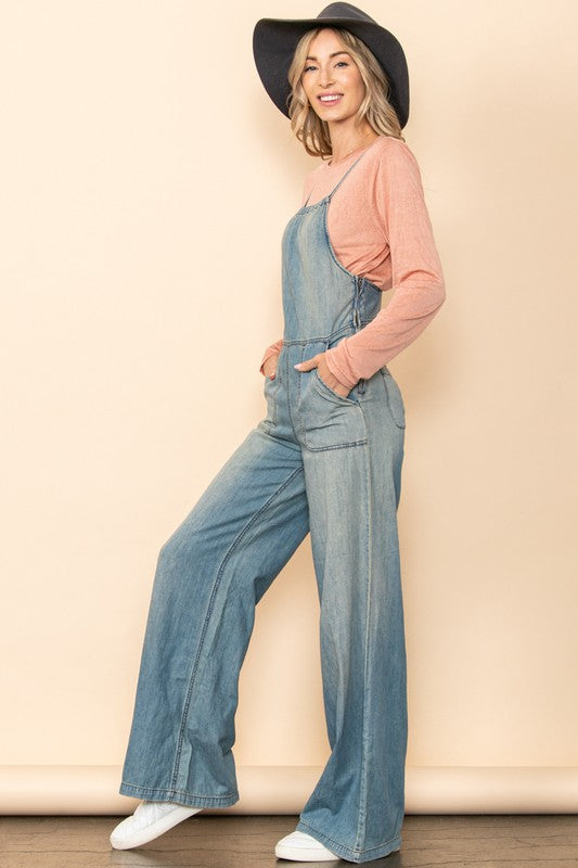 Vintage Washed Denim Wide Leg Overall Jumpsuit