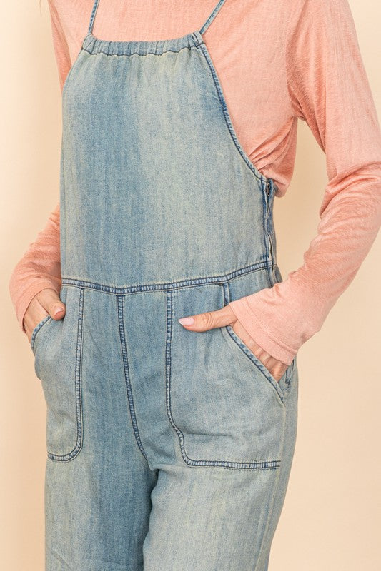 Vintage Washed Denim Wide Leg Overall Jumpsuit