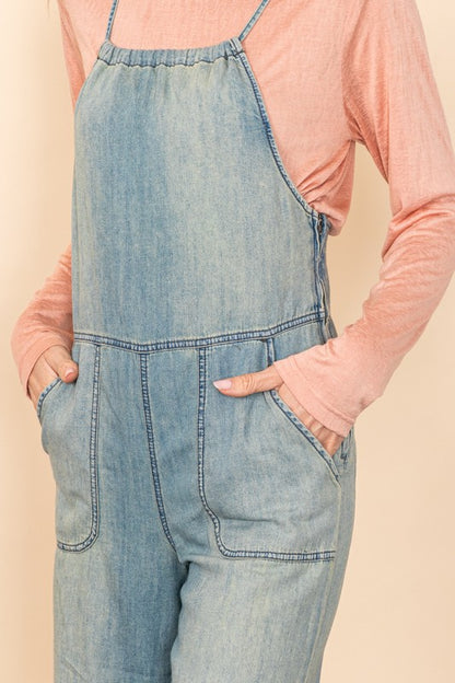 Vintage Washed Denim Wide Leg Overall Jumpsuit