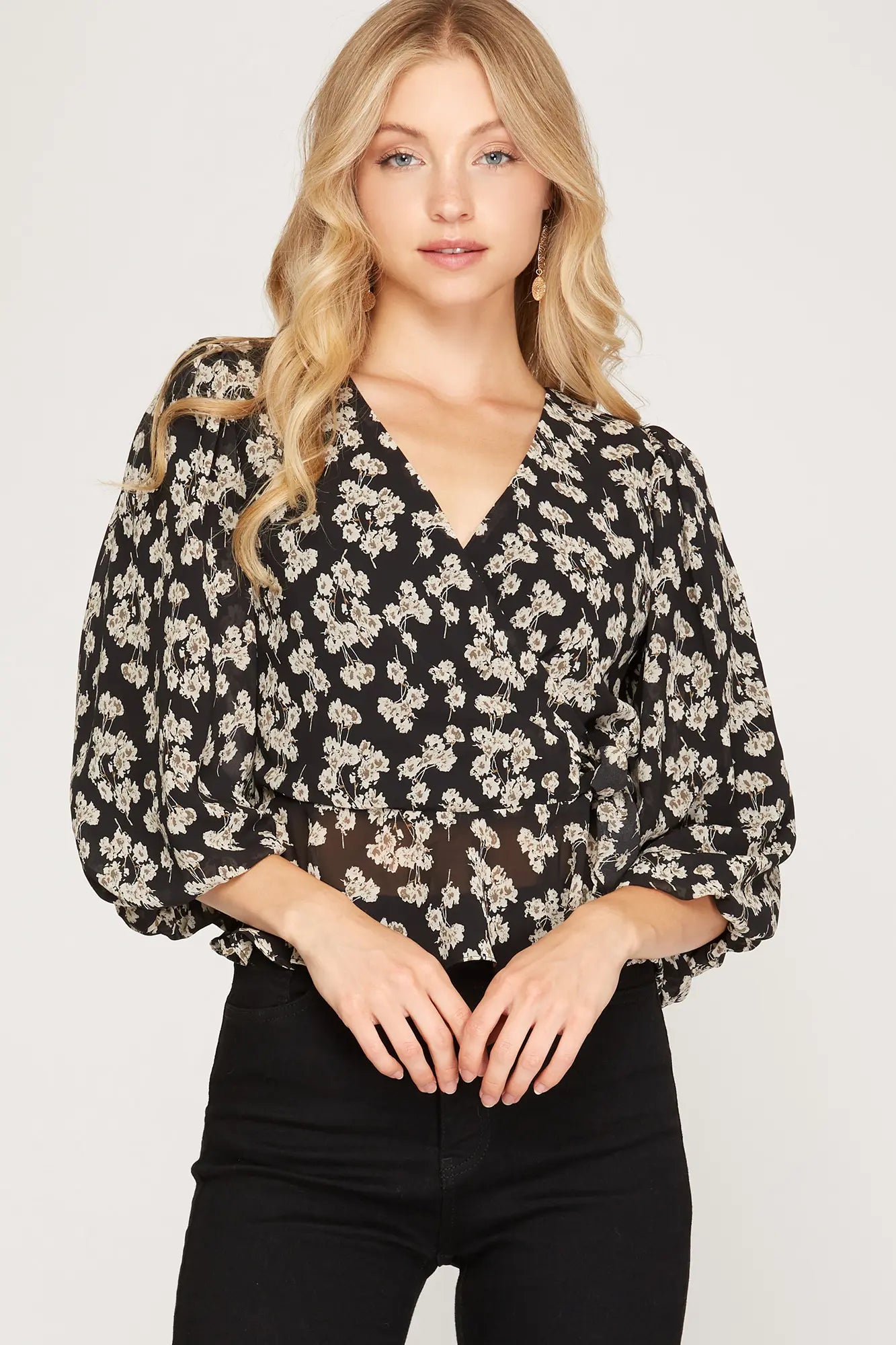 3/4 Bubble Sleeve Print Top