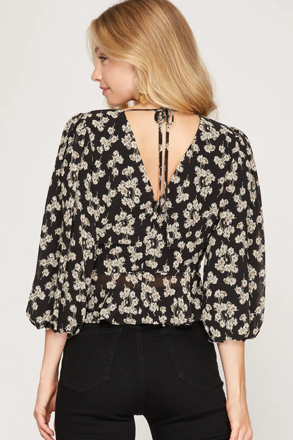 3/4 Bubble Sleeve Print Top