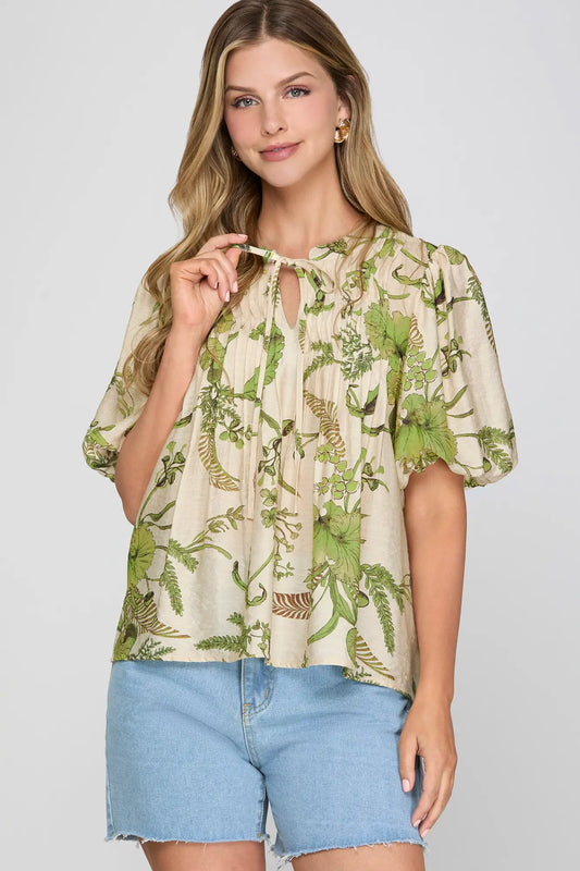 Floral Print Puff Sleeve Top with Neck Tie