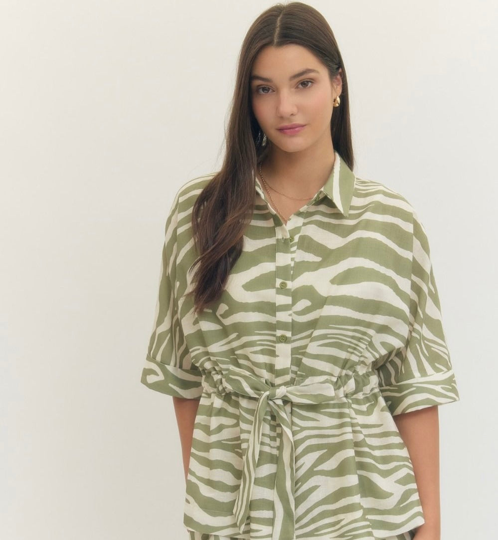 Zebra Print Drawstring Top