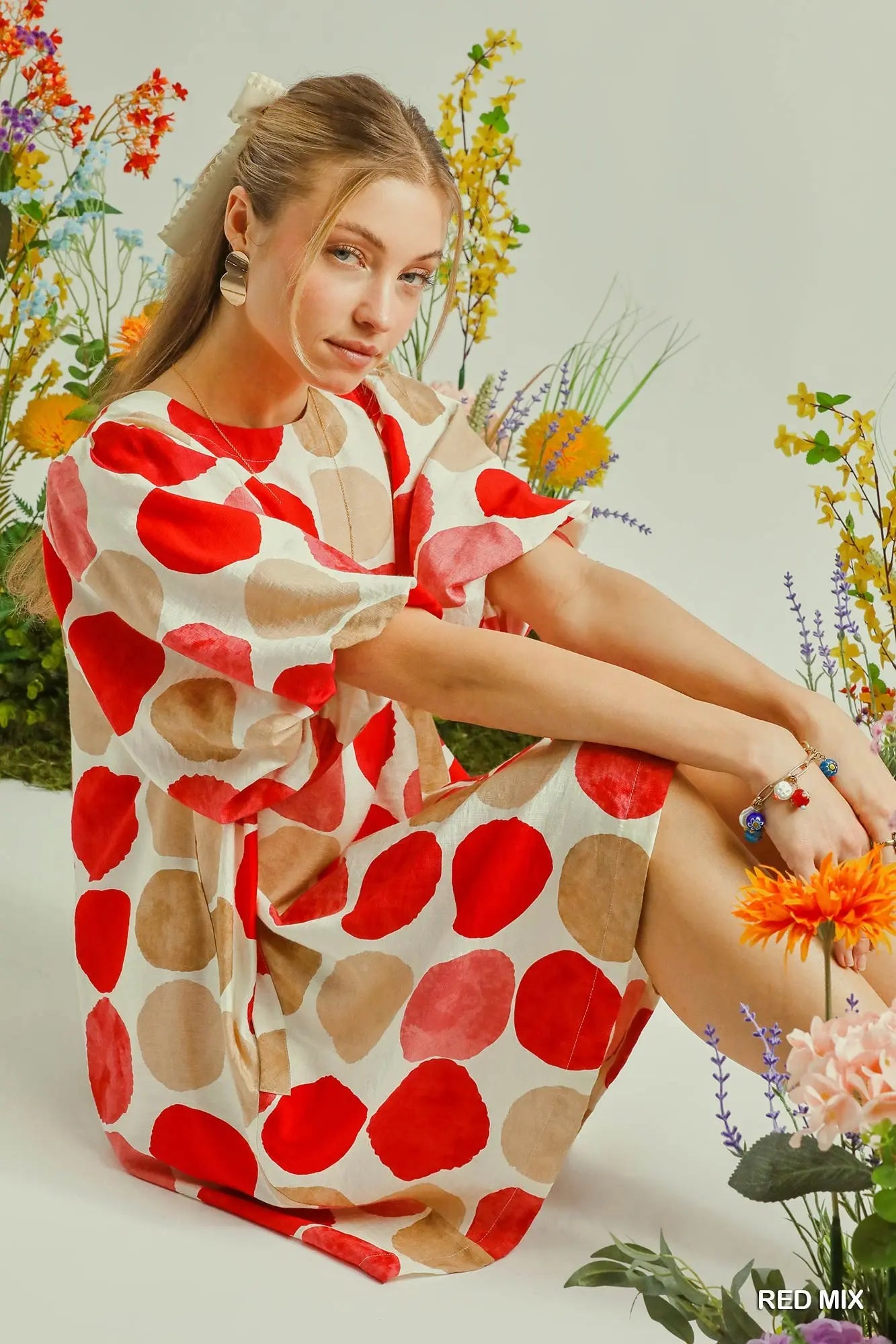 Abstract Dot Bubble Sleeve Tunic Dress