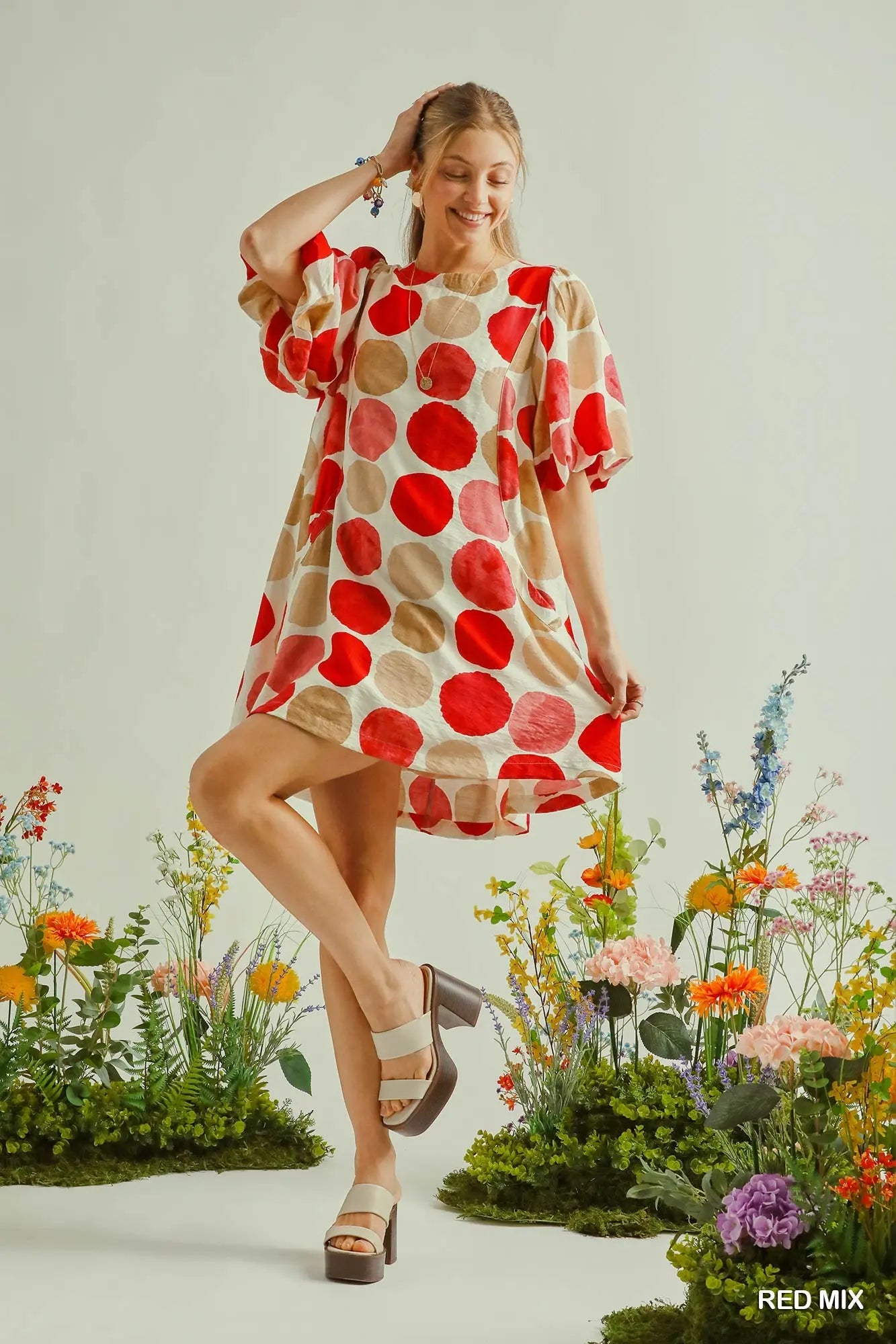 Abstract Dot Bubble Sleeve Tunic Dress