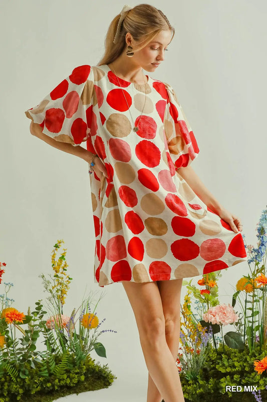 Abstract Dot Bubble Sleeve Tunic Dress