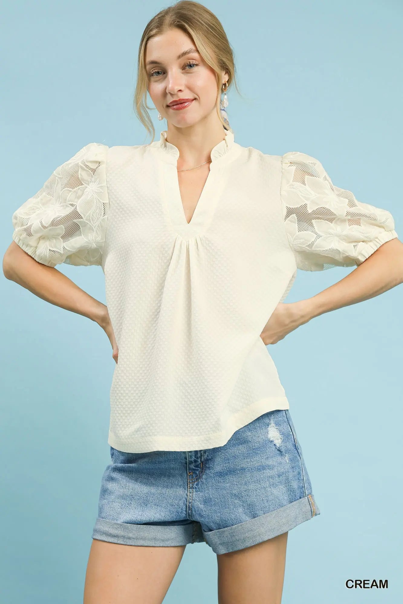 Textured Blouse w/Lace Contrast Sleeves