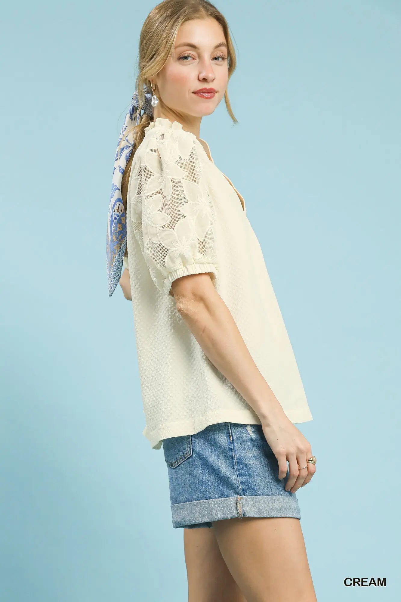 Textured Blouse w/Lace Contrast Sleeves