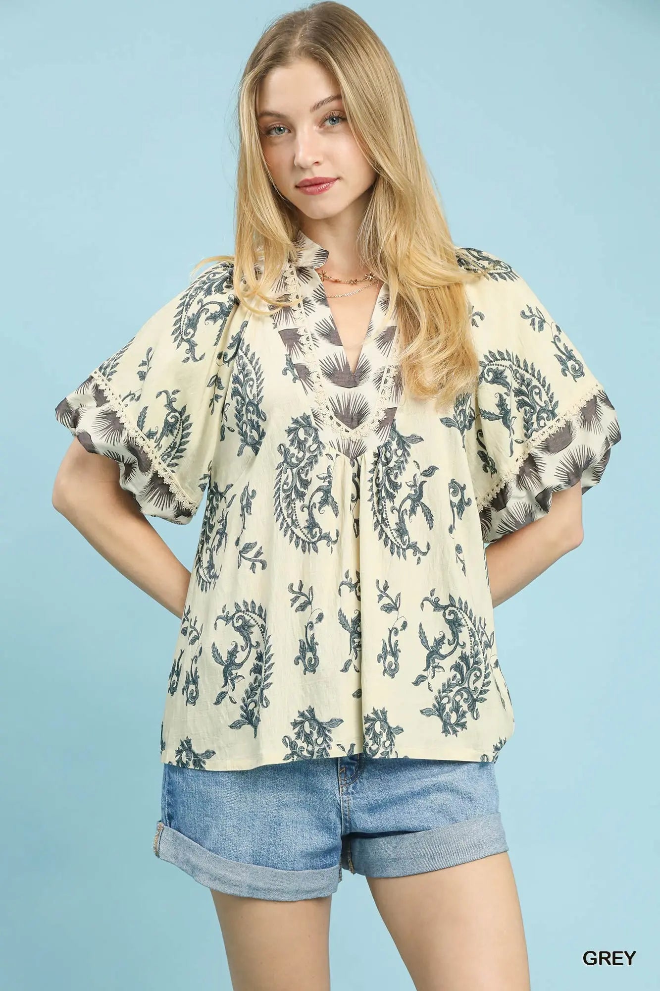 Boho Print Top w/Lace Trim