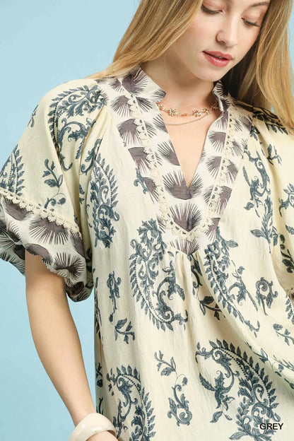 Boho Print Top w/Lace Trim