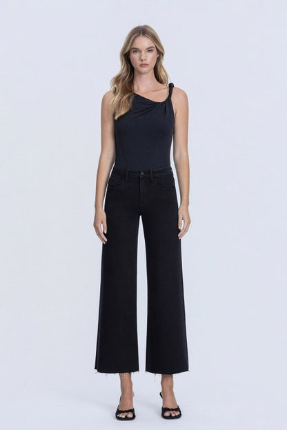 High Rise Raw Hem Crop Wide Leg Jeans