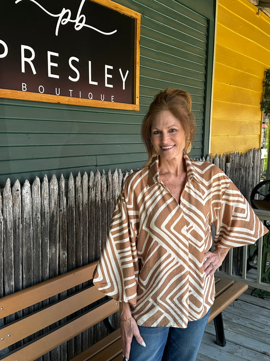 Abstract Contrasting Striped 3/4 Sleeve Top