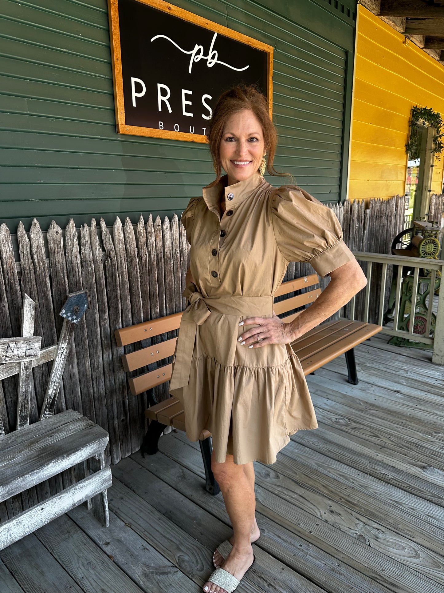 Short Puff Sleeve Button up with Tie Waist Mini Dress