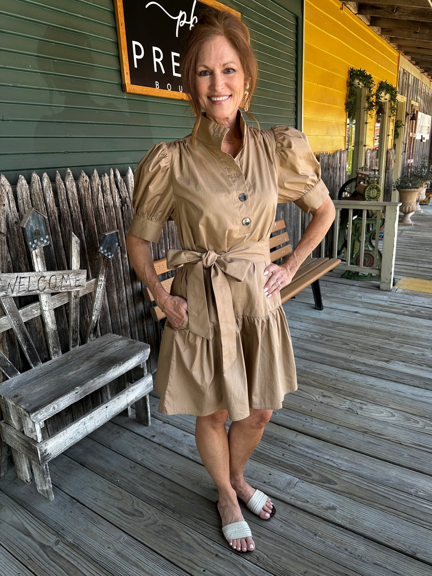 Short Puff Sleeve Button up with Tie Waist Mini Dress